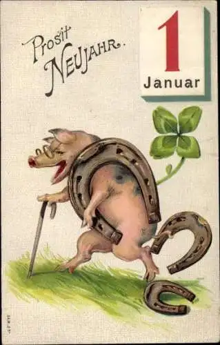 Präge Ak Glückwunsch Neujahr, Schweinchen, Gehstock, Hufeisen, Glücksklee