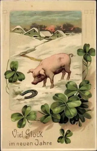 Präge Ak Glückwunsch Neujahr, Schweinchen, Glücksklee, Hufeisen