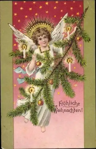 Präge Ak Glückwunsch Weihnachten, Engel, Tannenbaum, Kerzen