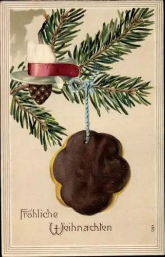 Präge Ak Glückwunsch Weihnachten, Tannenbaum, Lebkuchen, Zapfen