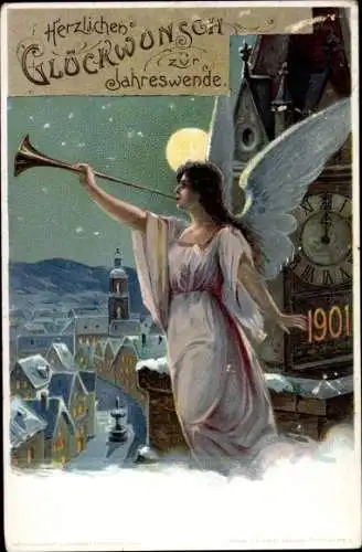 Ganzsachen Ak Glückwunsch Neujahr, Jahreszahl 1901, Engel bläst in die Fanfare