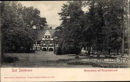 Ak Szczawno Zdrój Bad Salzbrunn Schlesien, Wiesenhaus mit Kurpromenade