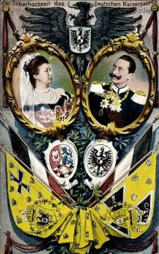 Ak Silberhochzeit Kaiserpaar, Kaiser Wilhelm II., Kaiserin Auguste Viktoria, Fahnen, Wappen
