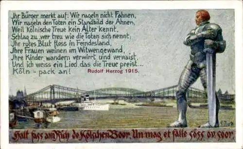 Künstler Ak Köln, Kölnischer Bauer in Eisen 1915, Halt fass am Rich do Kölschen Boor
