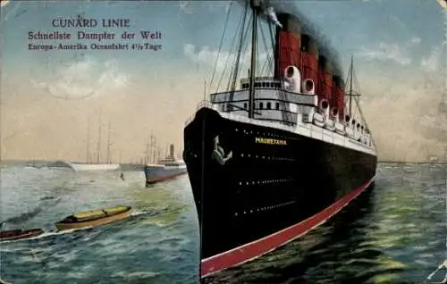 Ak Dampfschiff Mauretania, Cunard Line, Schnellster Dampfer der Welt