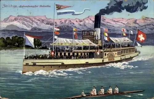 Ak Salondampfer Helvetia auf dem Zürichsee, Fahnen, Rudervierer