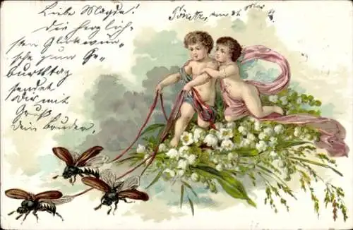Litho Frühlingsgruß, Maikäfer, Elfen, Maiglöckchen