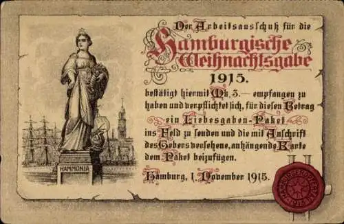 Ak Hamburg, Hamburgische Weihnachtsgabe 1915, Hamburger Opfertag 1915, Hammonia