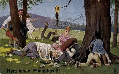 Künstler Ak Frohe Pfingsten, Gesellschaft beim Picknick, Wespennest