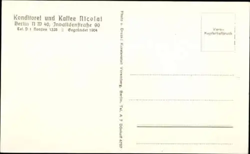Ak Berlin Mitte, Konditorei Cafe Cafe Nicolai, Invalidenstraße 90