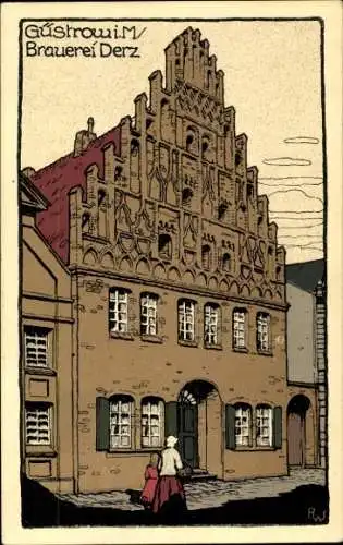Steindruck Ak Güstrow in Mecklenburg, Brauerei Derz