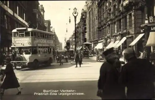 Ak Berlin Mitte, Straßenverkehr, Friedrichstraße Ecke Leipziger Straße, Doppeldecker Bus Linie 5