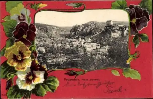 Passepartout Ak Pottenstein in Oberfranken, Totalansicht, Stiefmütterchen