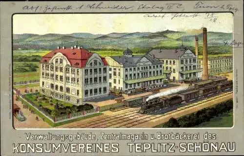 Ak Trnovany Turn Teplice Teplitz Schönau, Konsumverein, Verwaltungsgebäude, Magazin, Brotbäckerei