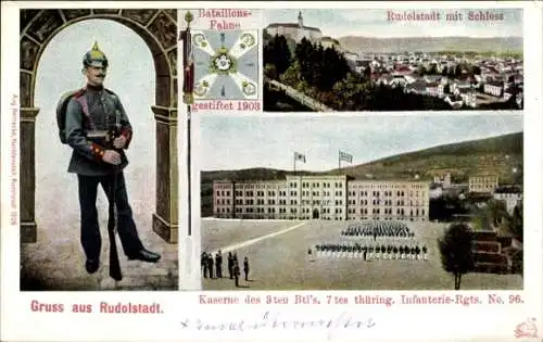 Ak Rudolstadt in Thüringen, Panorama, Schloss, Kaserne 3. Batl. 7. Thüring. Infant. Rgt. 96, Fahne
