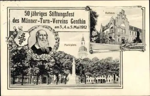 Ak Genthin, Rathaus, Marktplatz, Denkmal, Männer-Turn-Verein, 50. Stiftungsfest 1912, Turnvater Jahn
