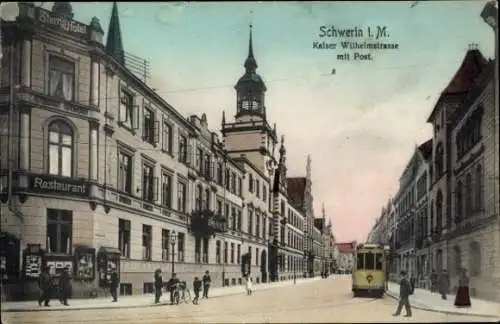 Ak Schwerin in Mecklenburg, Kaiser Wilhelm Straße, Post, Restaurant, Straßenbahn