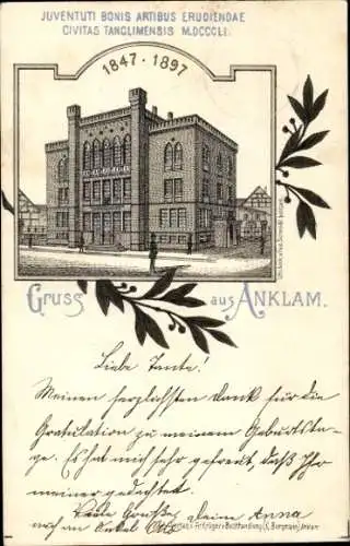 Litho Anklam in Mecklenburg Vorpommern, Neues Gymnasium, Schulgebäude 1847-1897