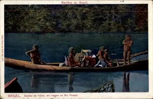 Ak Brasilien, Canoas de Indios, em viagem no Rio Parana