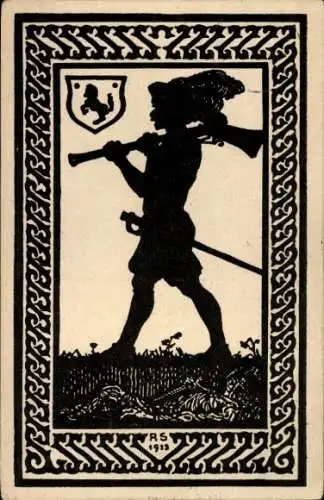 Scherenschnitt Ak Sievers, Rudolf, Der Soldat, Kunstmappe Schwarzspiele, Federzeichnung