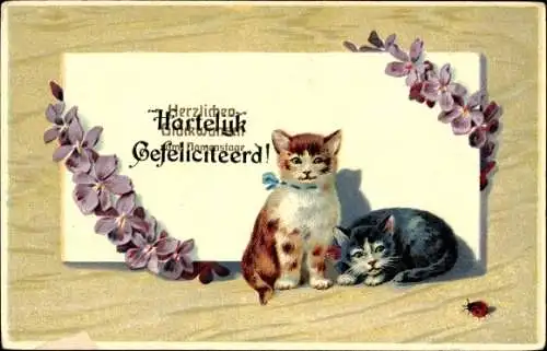 Ak Glückwunsch Namenstag, Katzen, Blumen, Marienkäfer