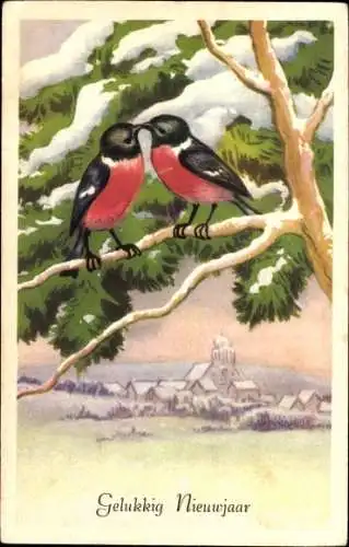 Ak Glückwunsch Neujahr, Vögel am Baum