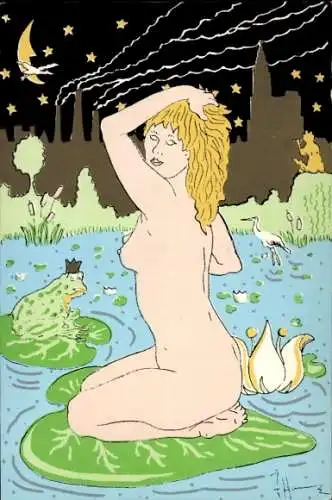 Künstler Ak Nackte Blondine auf einem Seerosenblatt, Froschkönig