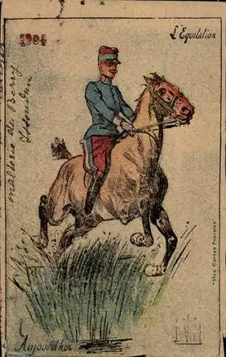 Künstler Ak Französischer Soldat auf einem Pferd, 1904