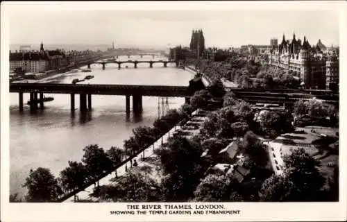 Ak London City England, Themse, Temple Gardens und Embankment