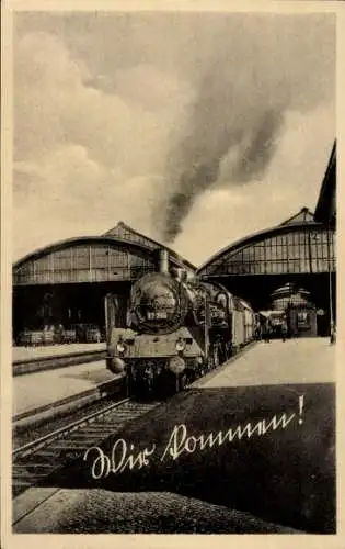 Ak Wir kommen, Dampflokomotive nr. 17 266, Dampfeiseisenbahn, Gleisansicht, Bahnhof