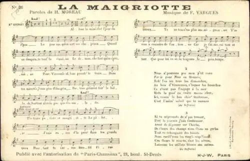 Lied Ak La Maigriotte, Text H. Moreau, Musik F. Vargues