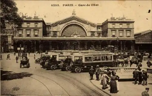 Ak Paris Frankreich, Gare de l'Est, Blick auf den Bahnhof, Straßenseite, Omnibusse