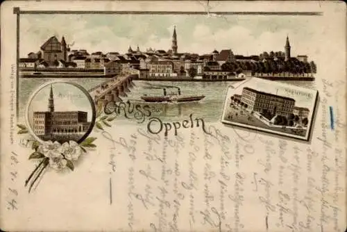 Vorläufer Litho Opole Oppeln Schlesien, Rathaus, Regierung, Brücke