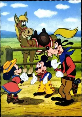 Ak Walt Disney, Mickey Mouse, Micky Maus, Goofy, Minnie, Cowboys