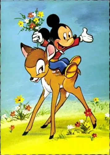 Ak Walt Disney, Micky Maus, Bambi, Blumen