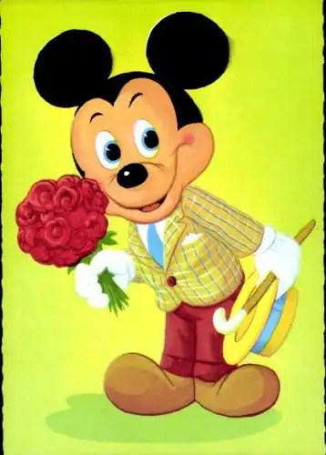 Ak Walt Disney, Micky Maus mit Blumenstrauß