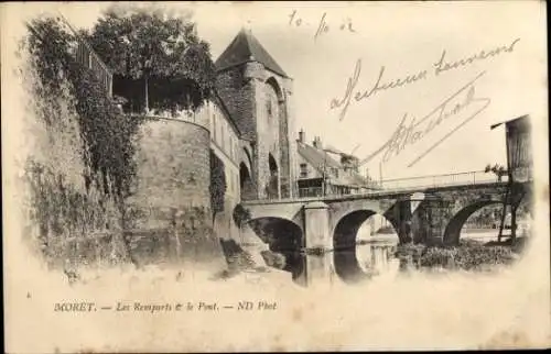 Ak Moret sur Loing Seine et Marne, Remparts, Pont