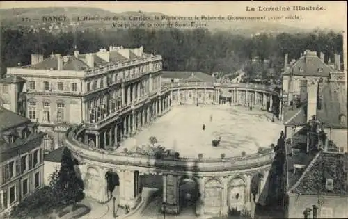 Ak Nancy Meurthe et Moselle, L'Hemicycle de la Carriere, la Pepiniere et le Palais du Goverment