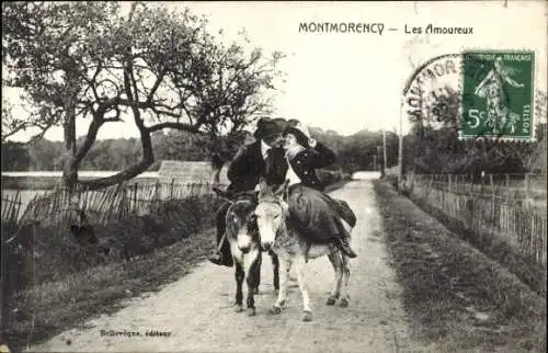Ak Montmorency Val d’Oise, Liebespaar auf Eseln