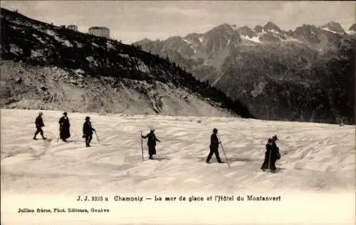 Ak Chamonix Mont Blanc Haute Savoie, Montenvers, Hotel di Montanvert, Gletscher