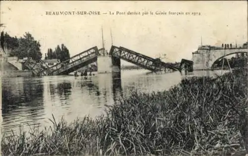 Ak Beaumont sur Oise Val d’Oise, Zerstörte Brücke