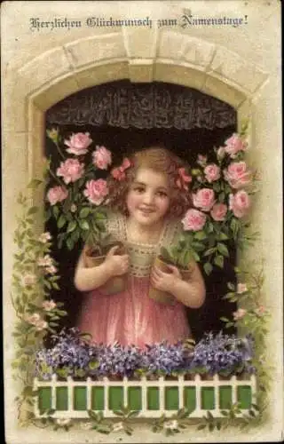 Präge Ak Glückwunsch Namenstag, Mädchen, Rosen, Blumentöpfe, Balkon