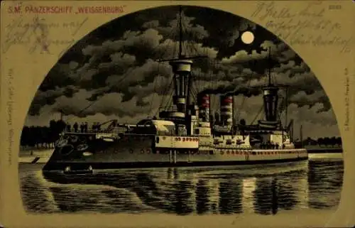 Mondschein Litho Deutsches Kriegsschiff, SMS Weissenburg, Panzerschiff, Kaiserliche Marine