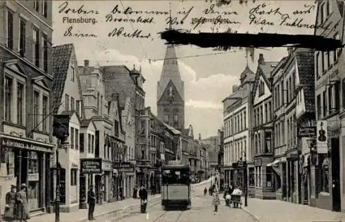 Ak Flensburg in Schleswig Holstein, Norderstraße, Straßenbahn, Geschäfte