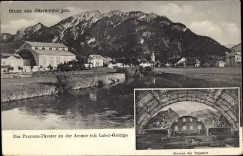 Ak Oberammergau in Oberbayern, Passions-Theater an der Ammer mit Laber-Gebirge, Inneres
