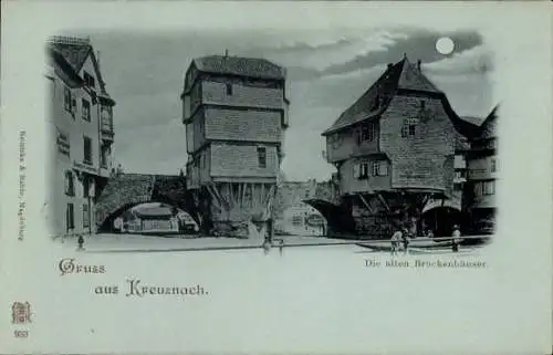 Mondschein Ak Bad Kreuznach an der Nahe, alte Brückenhäuser