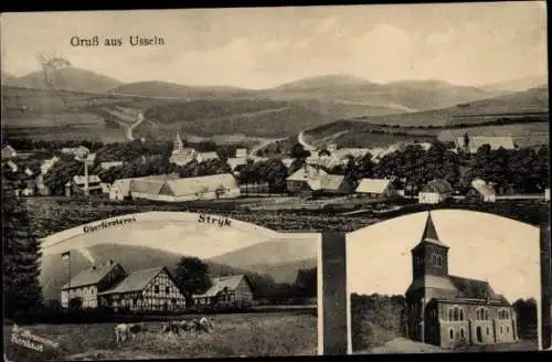Ak Usseln Willingen im Upland Waldeck, Panorama, Oberförsterei Stryk, Kirche