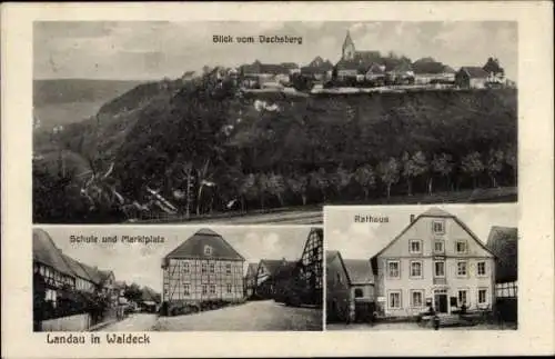 Ak Landau Bad Arolsen in Waldeck, Blick vom Dachsberg, Rathaus, Schule, Marktplatz