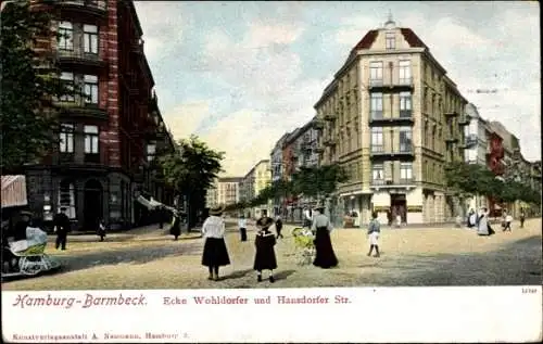 Ak Hamburg Nord Barmbek, Wohldorfer Straße Ecke Hansdorfer Straße, Kinderwagen
