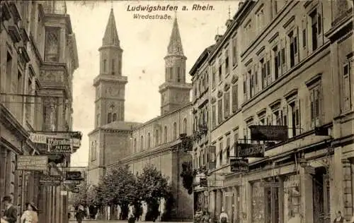 Ak Ludwigshafen am Rhein, Wredestraße, Kirche, Alex Poschinger, Oscar Reich, Jean Hauck